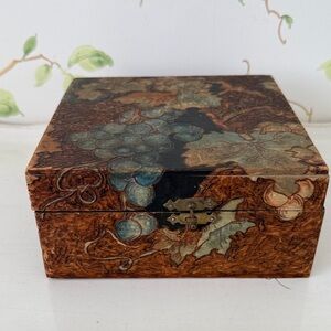 Vintage Folk Art Pyrography Wooden Box Leaf and Grape Motif
